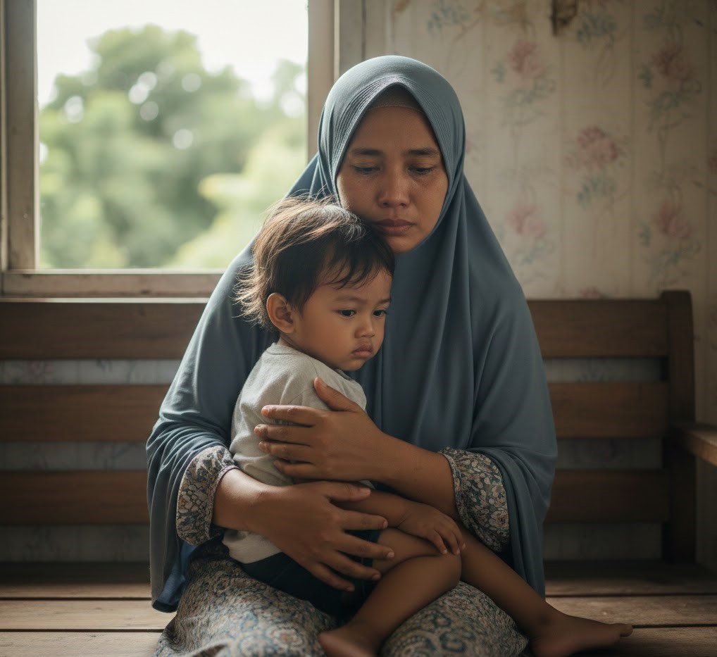 Ilustasi Foto AI, Ibu dan Anak yang mengalami Trauma Akibat Bencana. 