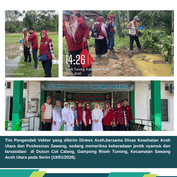 Tim Pengendali Vektor yang dikirim Dinkes Aceh, bersama Dinas Kesehatan Aceh Utara dan Puskesmas Sawang, sedang memeriksa keberadaan jentik nyamuk dan larvasidasi  di Dusun Cot Calang, Gampong Riseh Tunong, Kecamatan Sawang Aceh Utara pada Senin (19/01/2026).