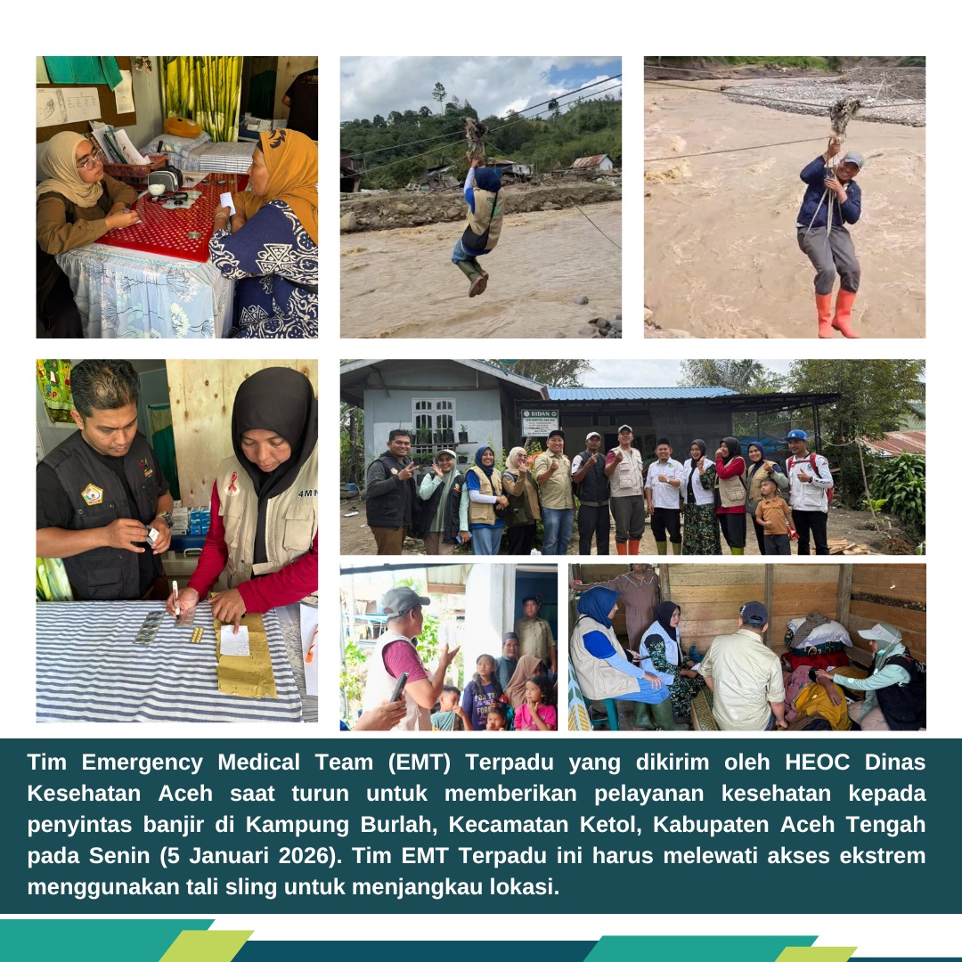Tim Emergency Medical Team (EMT) Terpadu yang dikirim oleh HEOC Dinas Kesehatan Aceh saat turun untuk memberikan pelayanan kesehatan kepada penyintas banjir di Kampung Burlah, Kecamatan Ketol, Kabupaten Aceh Tengah pada Senin (5 Januari 2026). Tim EMT Terpadu ini harus melewati akses ekstrem menggunakan tali sling untuk menjangkau lokasi.