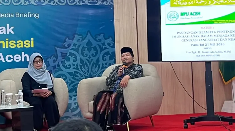 Ketua Majelis Permusyawaratan Ulama (MPU) Aceh Faisal Ali dalam media briefing ‘Mengejar Anak Zero Dose’ di Balai Pelatihan Kesehatan Provinsi Aceh, Banda Aceh, Kamis, 21 Mei 2026.